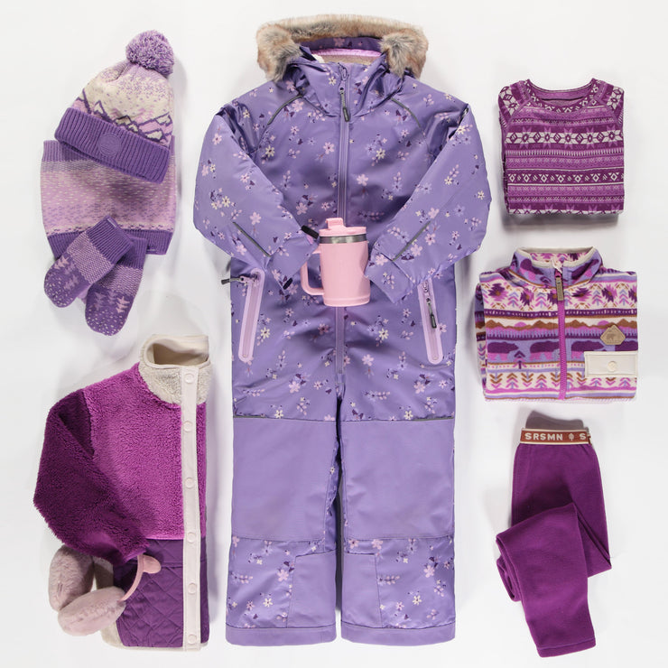 Habit de neige une-pièce mauve à motifs avec capuchon à fausse fourrure, enfant || Purple one-piece snowsuit with all over print and faux fur hood, child