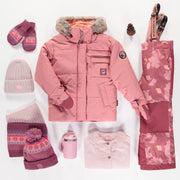 Habit de neige deux pièces rose avec pantalon de neige à motifs, enfant || Two-piece pink snowsuit with an all over print snowpants, child