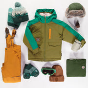 Habit de neige deux pièces vert et jaune avec bloc de couleur turquoise, enfant || Two-piece yellow and green snowsuit with turquoise color block, child