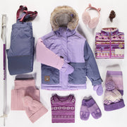 Habit de neige deux pièces mauve et bleu-mauve avec bloc de couleur rose, enfant || Two-piece purple and blue-purple snowsuit with pink color block, child