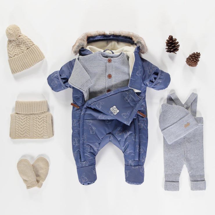 Habit de neige une-pièce bleu à motifs, naissance || One-piece blue snowsuit with print, newborn