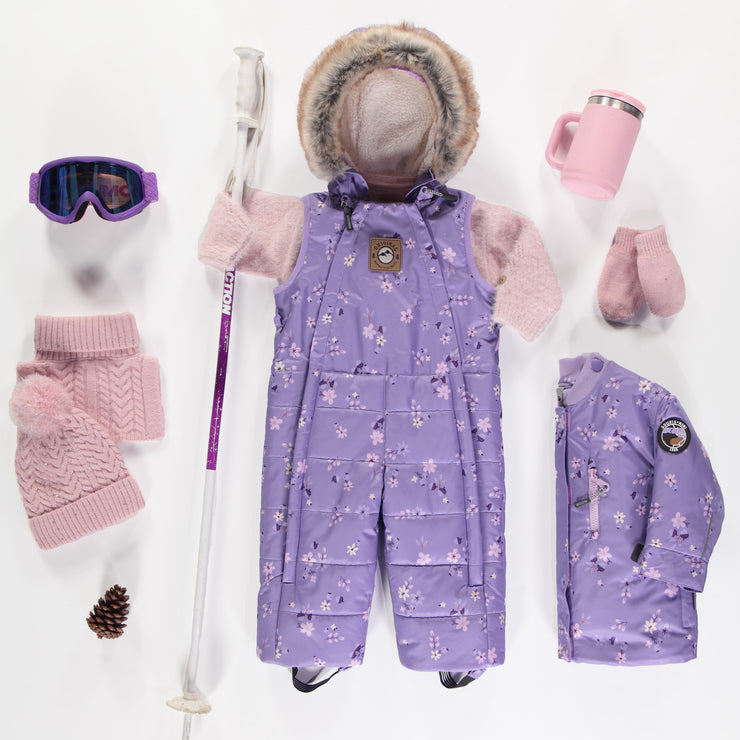 Habit de neige 3 en 1 violet à motifs avec capuchon en fausse fourrure, bébé || 3-in-1 violet snowsuit with print with faux fur hood, baby