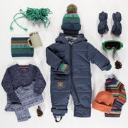 Denim-effect blue one-piece snowsuit, baby