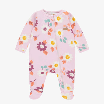Pyjama une pièce à manches longues lilas fleuri en jersey, naissance || Lilac flowery one piece pajama in jersey, newborn