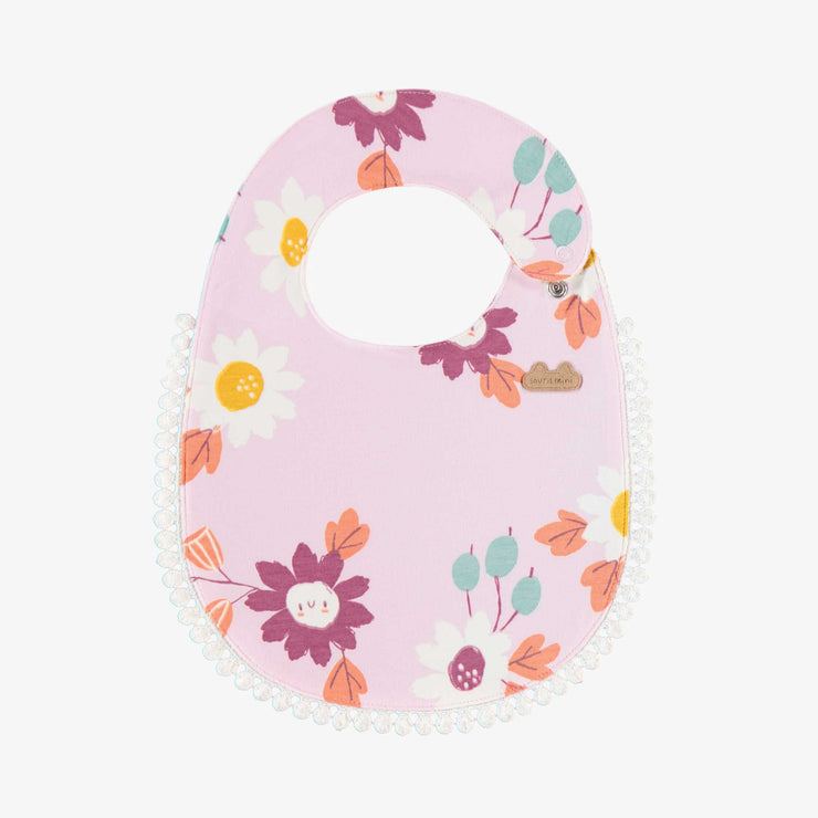 Bavoir lilas fleuri en jersey, naissance || Lilac flowery bib in jersey, newborn