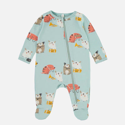 Pyjama une pièce à manches longues bleu cendré avec chiens en jersey, naissance || Ash blue one-piece long sleeved pajama with dog print in jersey, newborn