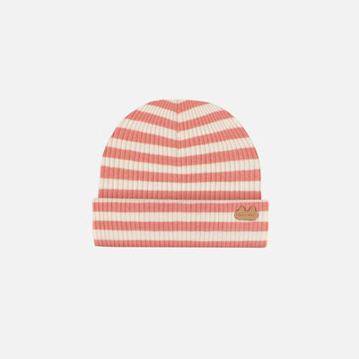 Bonnet à rayures orange et crème avec oreilles en tricot côtelé extensible, naissance || Orange and cream striped hat with ears in rib knit, newborn
