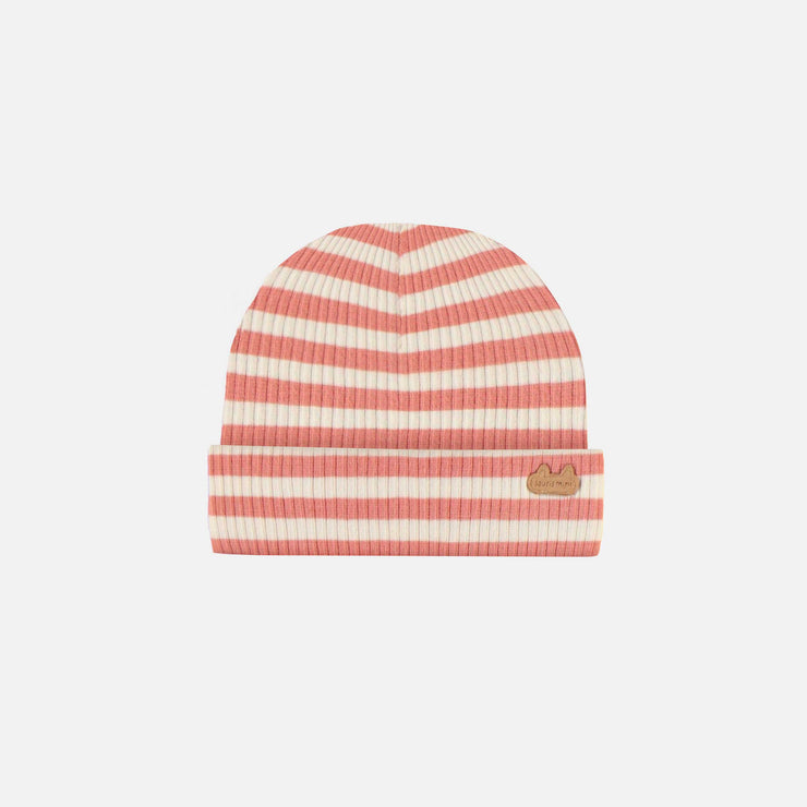 Bonnet à rayures orange et crème en tricot côtelé extensible, naissance || Orange and cream striped hat in rib knit, newborn