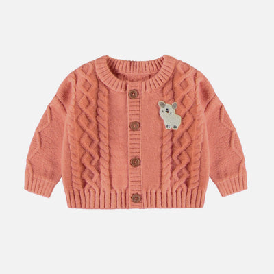 Veste de maille orange à motif torsadé, naissance || Orange knitted vest with a braid pattern, newborn