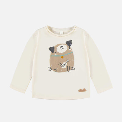 T-shirt à manches longues crème avec un chien illustré en jersey, naissance || Cream long sleeves t-shirt with dog print in jersey, newborn