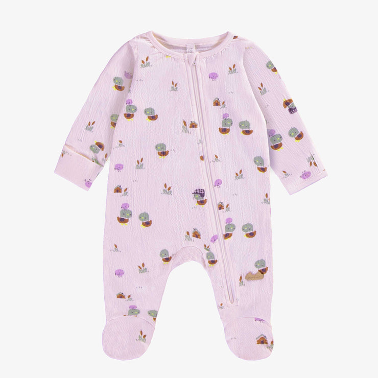 Pyjama une pièce lavande à motifs de canetons en jersey crêpé, naissance || Lavender one piece pajama with ducks print in crinkle jersey, newborn