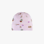 Bonnet lavande à motifs de canetons en jersey crêpé, naissance || Lavender hat with ducks print in crinkle jersey, newborn