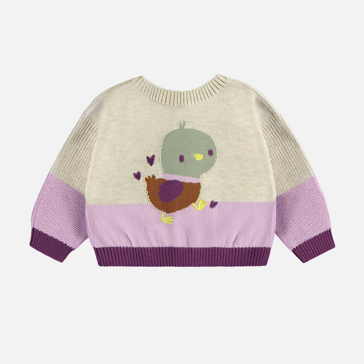 Veste de maille crème et mauve avec illustration d’un canard, naissance || Cream and purple knit vest with duck illustration, newborn