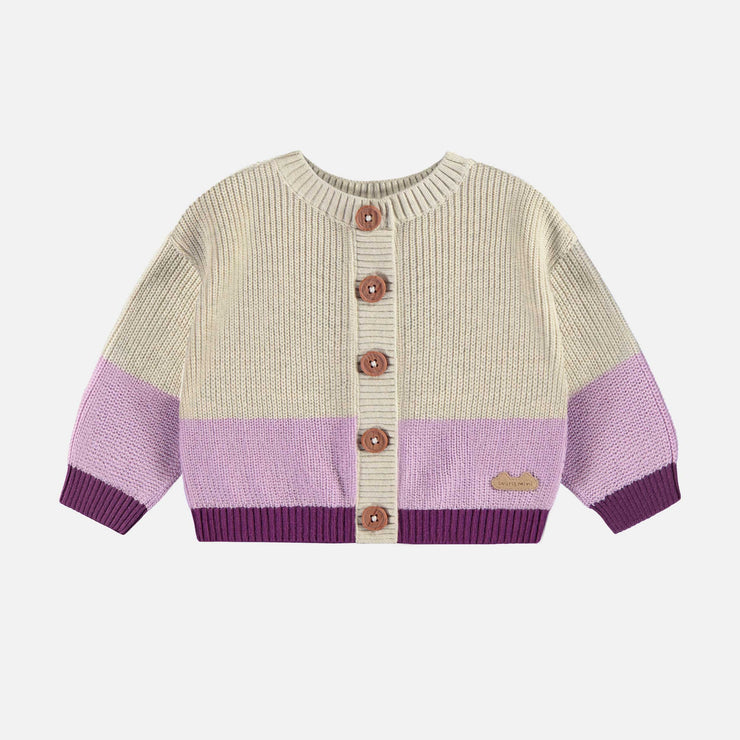 Veste de maille crème et mauve avec illustration d’un canard, naissance || Cream and purple knit vest with duck illustration, newborn