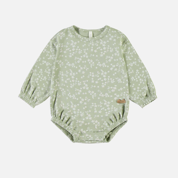 Cache-couche vert sauge fleuri en jersey, naissance || Sage green bodysuit with flowers in jersey, newborn