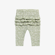 Legging vert sauge fleuri à volants en jersey, naissance || Floral sage green leggings with ruffles in jersey, newborn