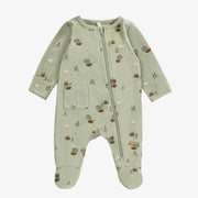 Pyjama une pièce vert sauge à motifs de canetons en jersey crêpé, naissance || Sage green one piece pyjama with ducks print in crinkle jersey, newborn