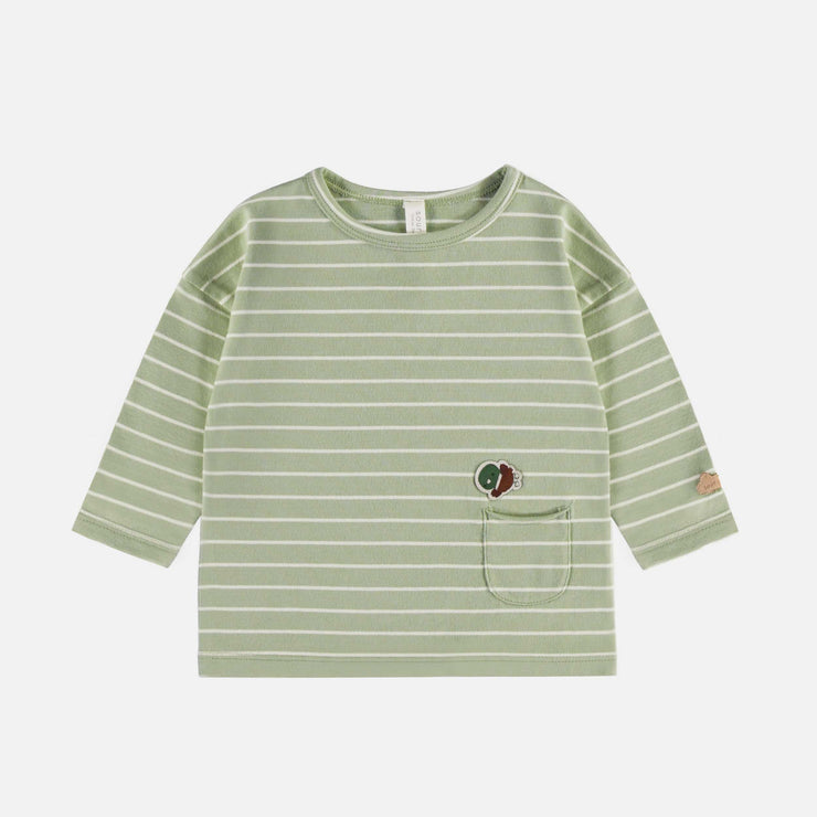 T-shirt vert et crème à rayures avec manches longues en jersey, naissance || Green and cream striped t-shirt with long sleeves in jersey, newborn