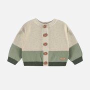 Veste de maille crème et verte avec illustration d’un canard, naissance || Cream and green knit vest with duck illustration, newborn