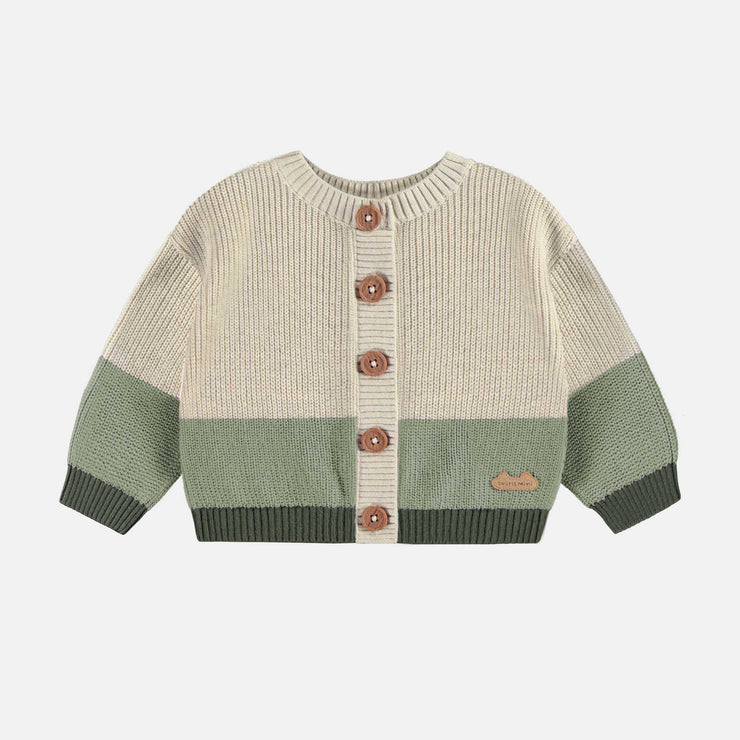 Cardigan de maille crème et vert avec illustration d’un canard, naissance || Cream and green knit cardigan with duck illustration, newborn