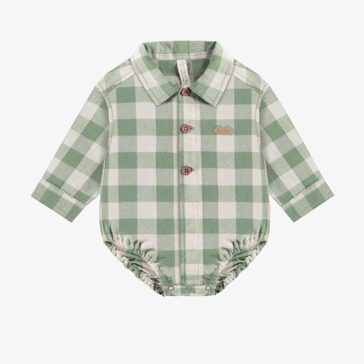 Chemise cache-couche vert et crème à carreaux en flanelle brossée, naissance || Green and cream plaid shirt with a bodysuit in brushed flannel, newborn