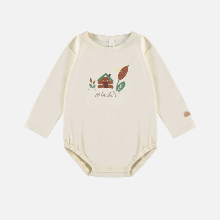 Cache-couche crème avec maison à manches longues en coton extensible, naissance || Cream long-sleeved bodysuit with a house in stretch cotton, newborn