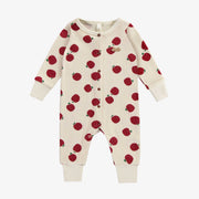 Pyjama crème une pièce à motifs de pommes rouges en tricot côtelé, naissance || Cream one piece pajama with red apples print in ribbed knit, newborn