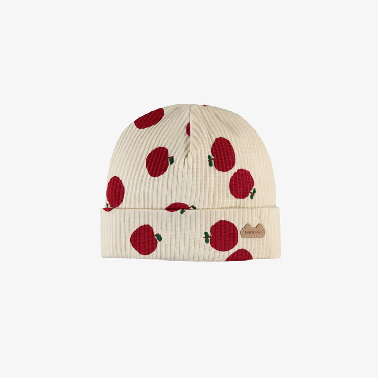 Bonnet crème à motif de pommes rouges en tricot côtelé, naissance || Cream hat with red apples print in ribbed knit, newborn