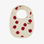 Bavoir crème avec pommes rouges en tricot côtelé, naissance || Cream bib with red apples in ribbed knit, newborn