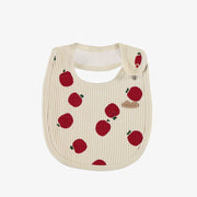 Bavoir crème avec pommes rouges en tricot côtelé, naissance || Cream bib with red apples in ribbed knit, newborn