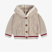 Veste de maille beige motif tressé avec capuchon, naissance || Beige knit vest with braided pattern and hood, newborn