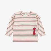 T-shirt crème rayé à manches longues avec volants et illustration de pommes en coton, naissance || Long-sleeved striped cream t-shirt with ruffles and apple illustration in cotton, newborn