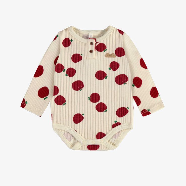 Cache-couche crème manches longues à motif de pommes rouges en jersey extensible, naissance || Cream bodysuit with long sleeves and red apples print in stretch jersey, newborn