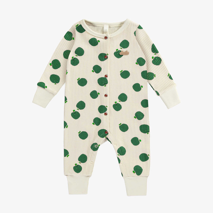 Pyjama crème une pièce à motif de pommes vertes en tricot côtelé, naissance || Cream one piece pajama with green apples print in ribbed knit, newborn