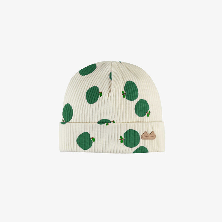 Bonnet crème à motif de pommes vertes en tricot côtelé, naissance || Cream hat with red apples print in ribbed knit, newborn