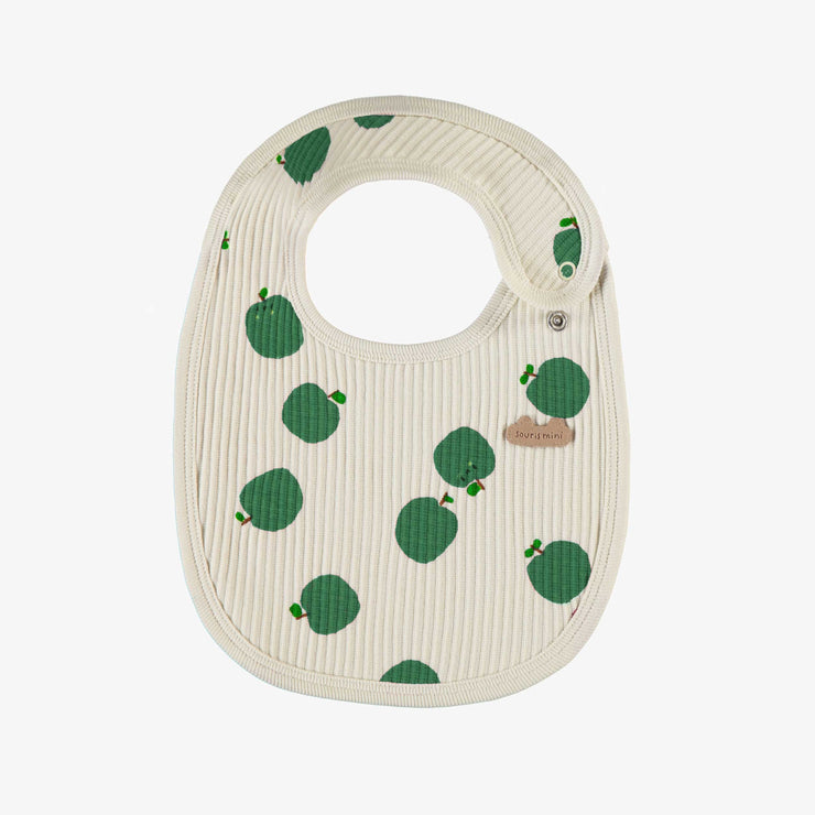 Bavoir crème avec pommes vertes en tricot côtelé, naissance || Cream bib with green apples in ribbed knit, newborn