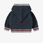 Veste de maille marine-gris motif tressé avec capuchon, naissance || Navy gray knit vest with braided pattern and hood, newborn