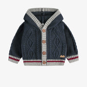 Veste de maille marine motif tressé avec capuchon, naissance || Beige knit vest with braided pattern and hood, newborn