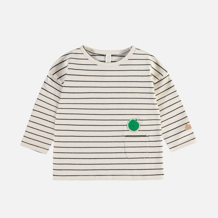 T-shirt crème rayé à manches longues avec illustration de pommes en jersey, naissance || Long-sleeved striped cream t-shirt with apple illustration in jersey, newborn