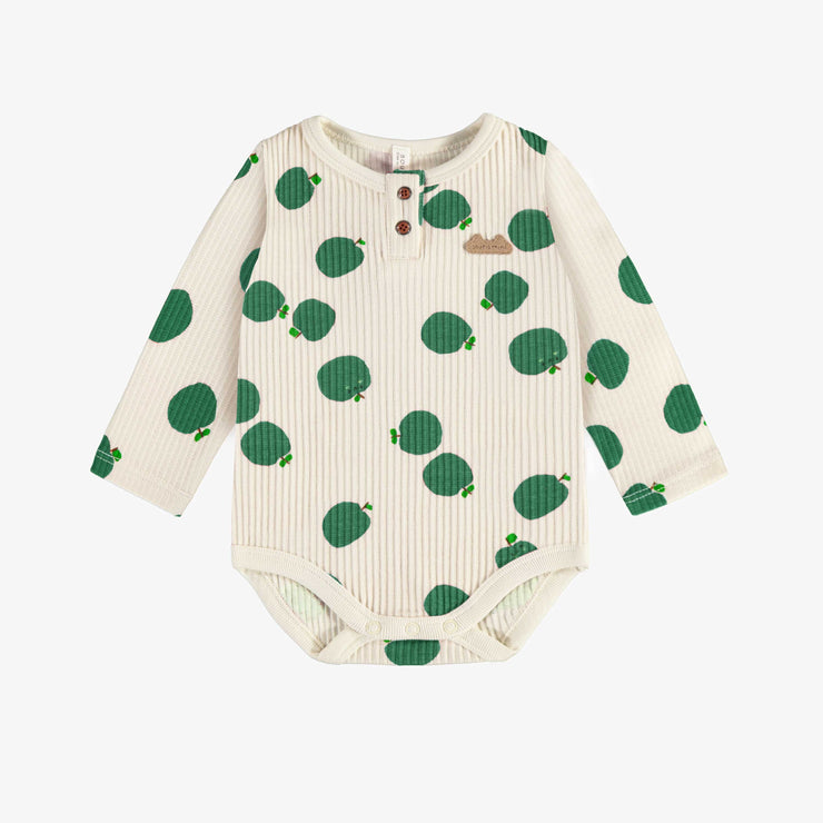 Cache-couche crème manches longues avec pommes vertes en tricot côtelé, naissance || Long-sleeved cream bodysuit with green apples in rib-knit, newborn