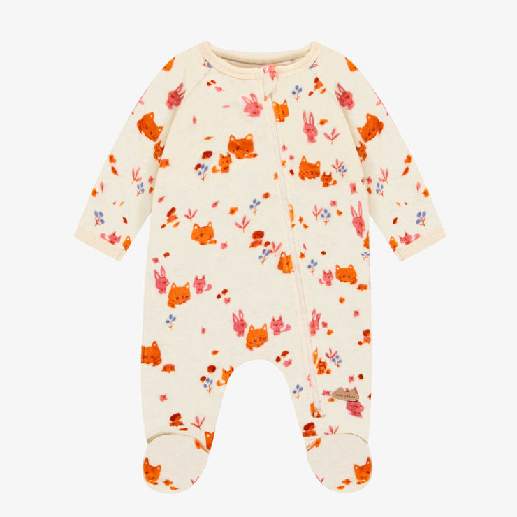 Pyjama une pièce crème à motifs de renard en velours, naissance || Cream fox print one piece pyjama in velvet, newborn