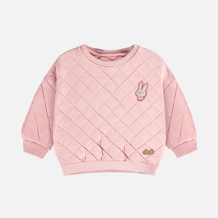 Chandail rose pâle ample en jersey matelassé, naissance || Light pink loose fit crewneck in quilted jersey, newborn