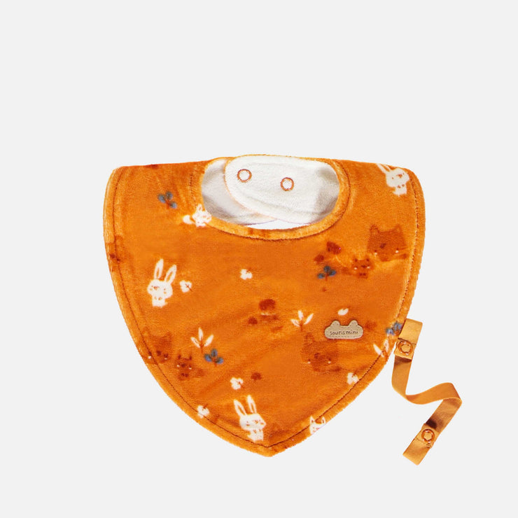 Bavoir abricot à motifs de renards en velours, naissance || Apricot-colored fox print bib in velvet, newborn