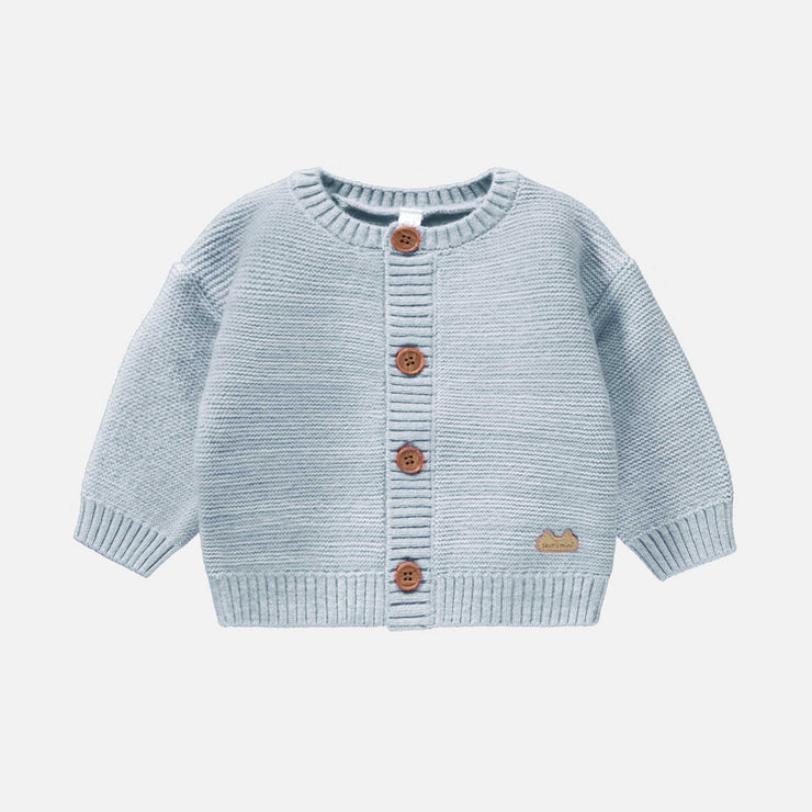 Veste de maille bleu pâle chinée effet angora, naissance || Angora-effect knit vest in light blue mottled fabric, newborn