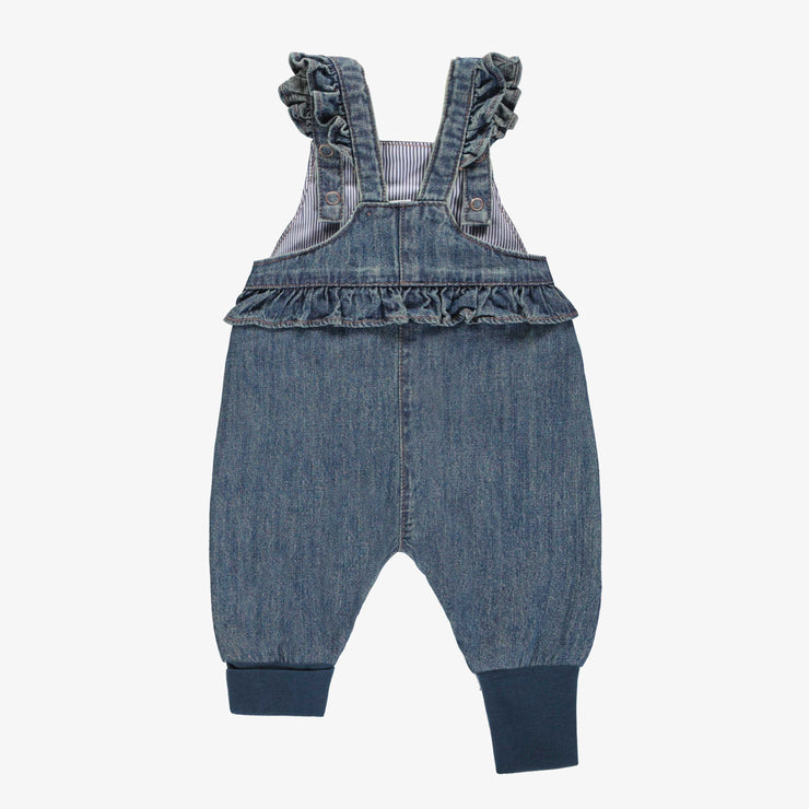 Salopette évolutive coupe large en denim léger bleu moyen, naissance || Medium blue evolutive denim overalls wide fit, newborn