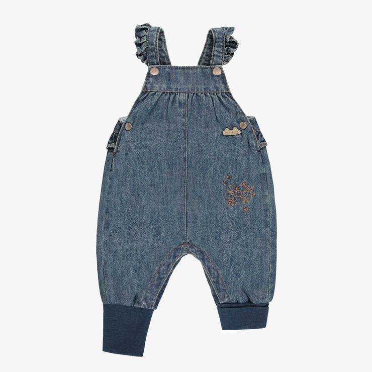 Salopette évolutive coupe large en denim léger bleu moyen, naissance || Medium blue evolutive denim overalls wide fit, newborn