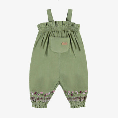 Salopette vert olive avec broderies, naissance || Olive green overalls with embroidery, newborn