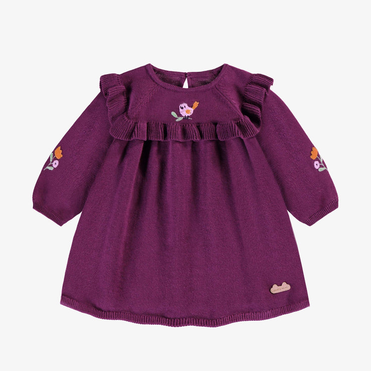 Robe de maille mauve foncé avec broderies, naissance || Dark purple knit dress with embroidery, newborn