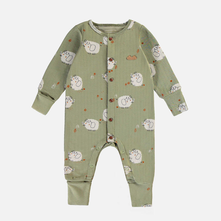 Pyjama une pièce vert à motifs en jersey double-face, naissance || Green one-piece pyjamas with all-over print in double-faced jersey, newborn