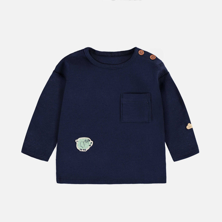 T-shirt marine à manches longues en jersey gaufré, naissance || Long-sleeved navy t-shirt in waffle jersey, newborn